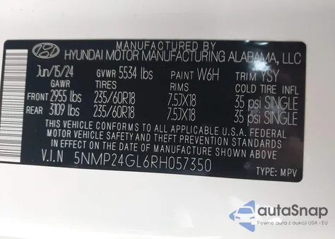 2024 Hyundai Santa Fe Sel from USA, damaged, VIN 5NMP24GL6RH057350